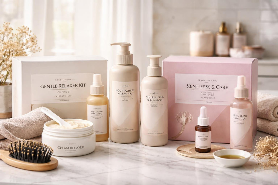 Canadian hair relaxer kits and care routine on counter