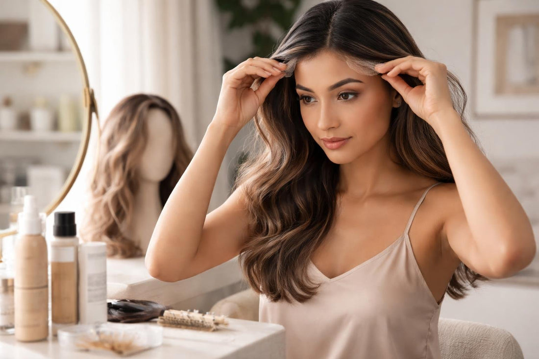Toronto woman adjusting lace front hair replacement wig