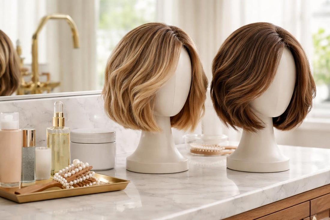 Natural-looking hair replacement wigs in layered bob styles
