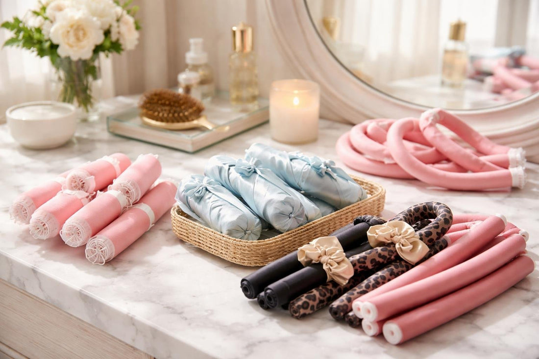 various heatless hair rollers on a vanity in Canada