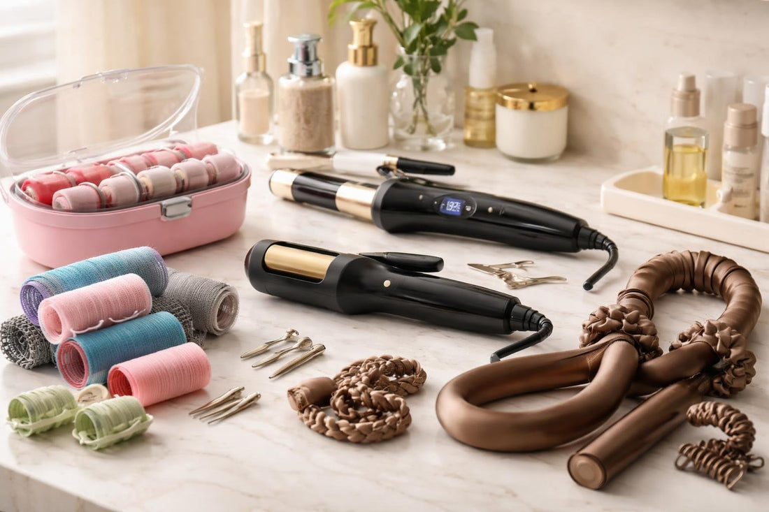 assorted hair rollers and curl tools on table