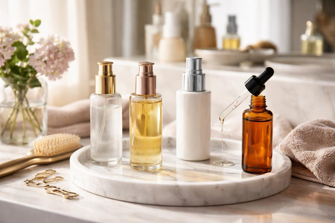 Hair serum applied to reduce frizz and add shine