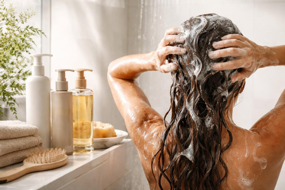 Washing hair with shampoo, focusing on scalp rinsing