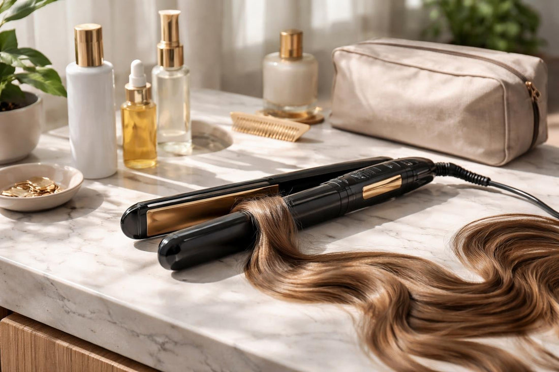 Hair styling iron creating smooth waves on long hair