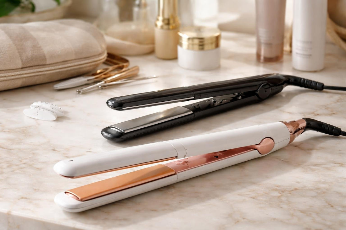 ceramic and titanium hair styling irons on table
