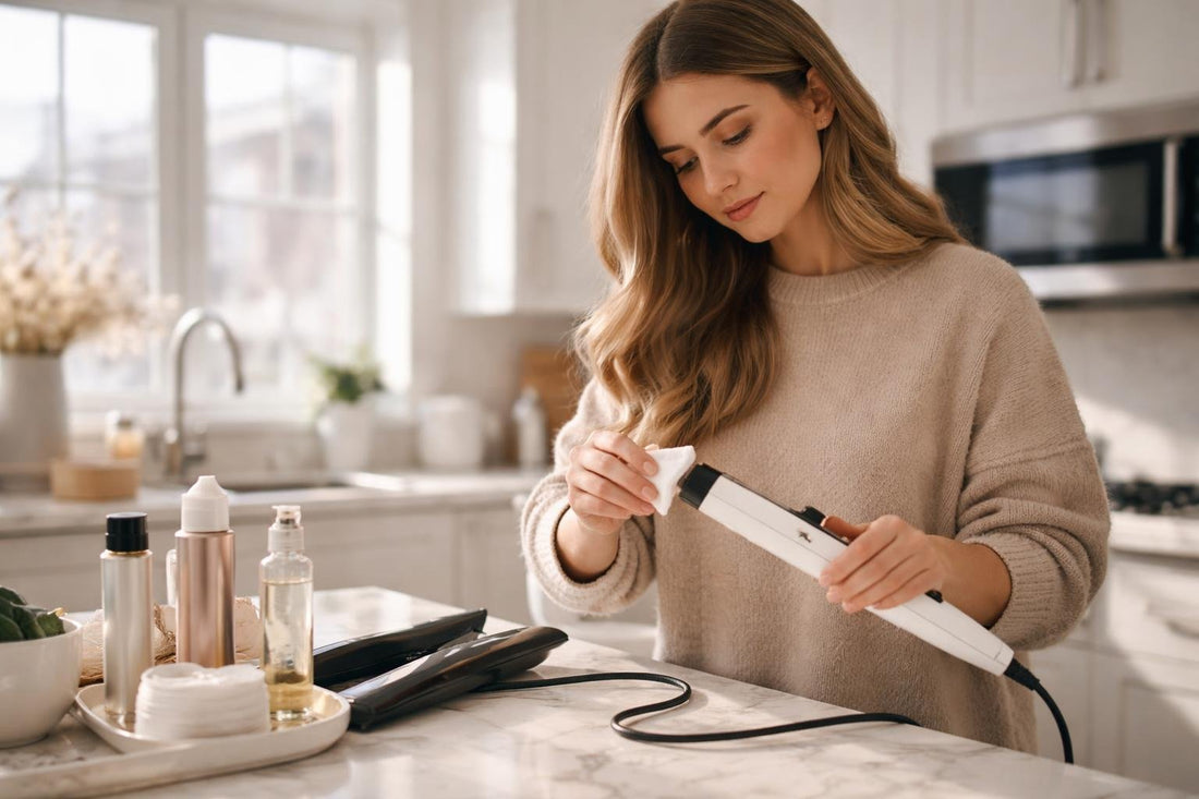 Woman fixing curling iron in winter kitchen