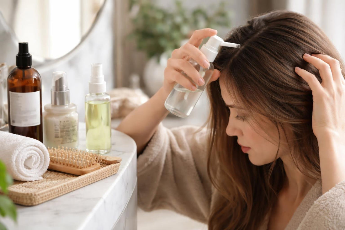Woman applying hair tonic for oily roots
