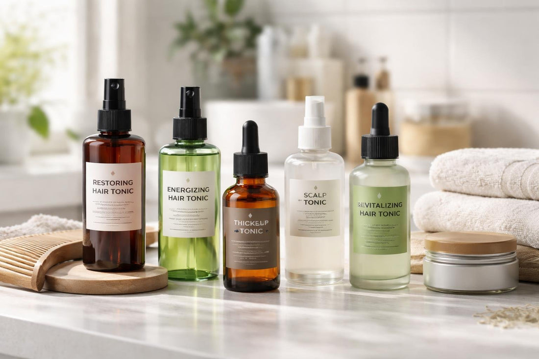 Selection of hair tonics and grooming products