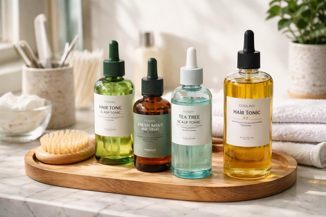 Hair tonics bottles and scalp care essentials
