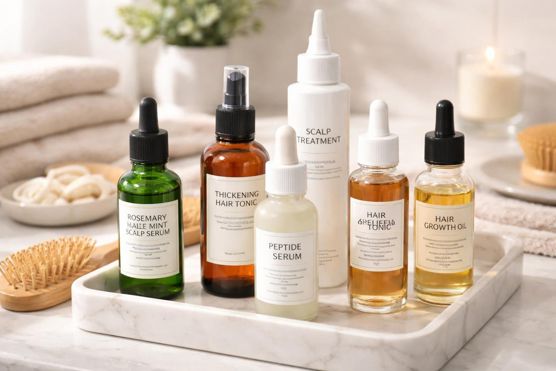 assorted hair tonics and oils for thinning hair