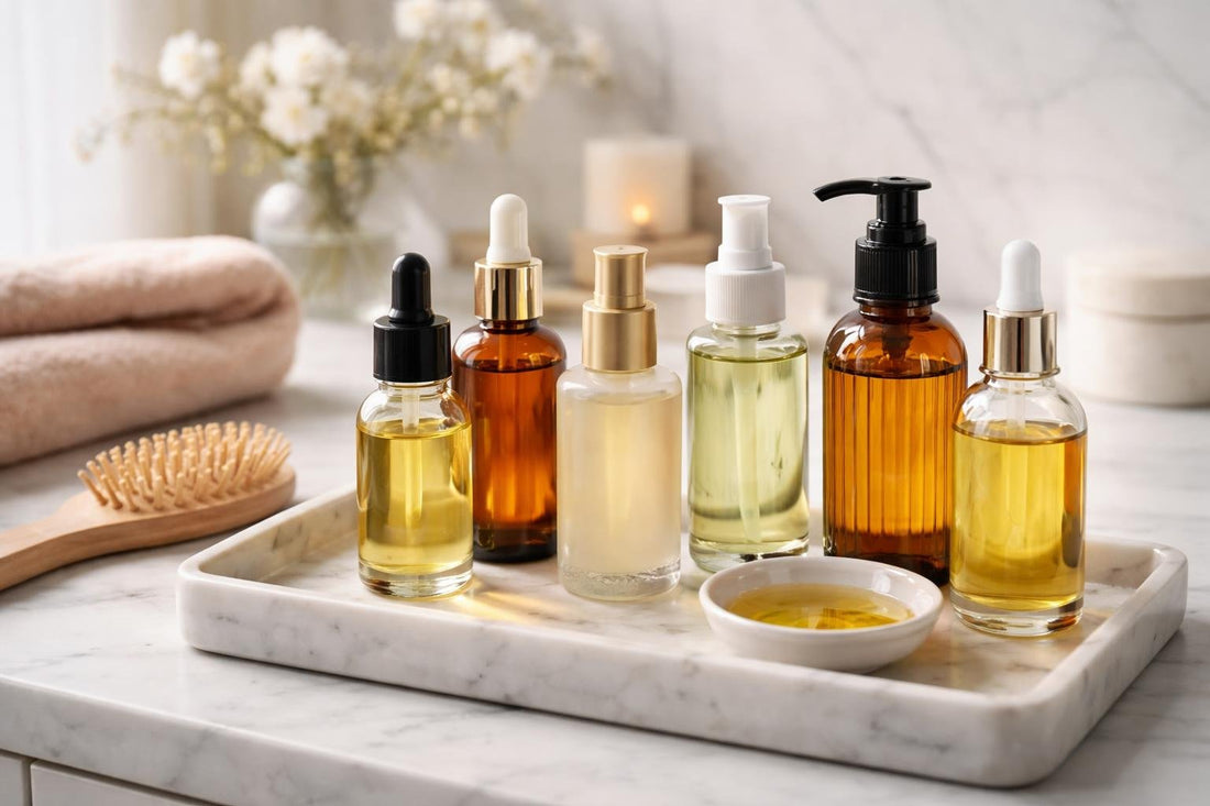 Bottles of hair treatment oils and applicators