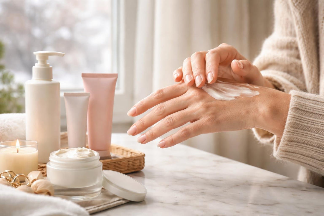 Hand cream applied to dry hands in winter weather