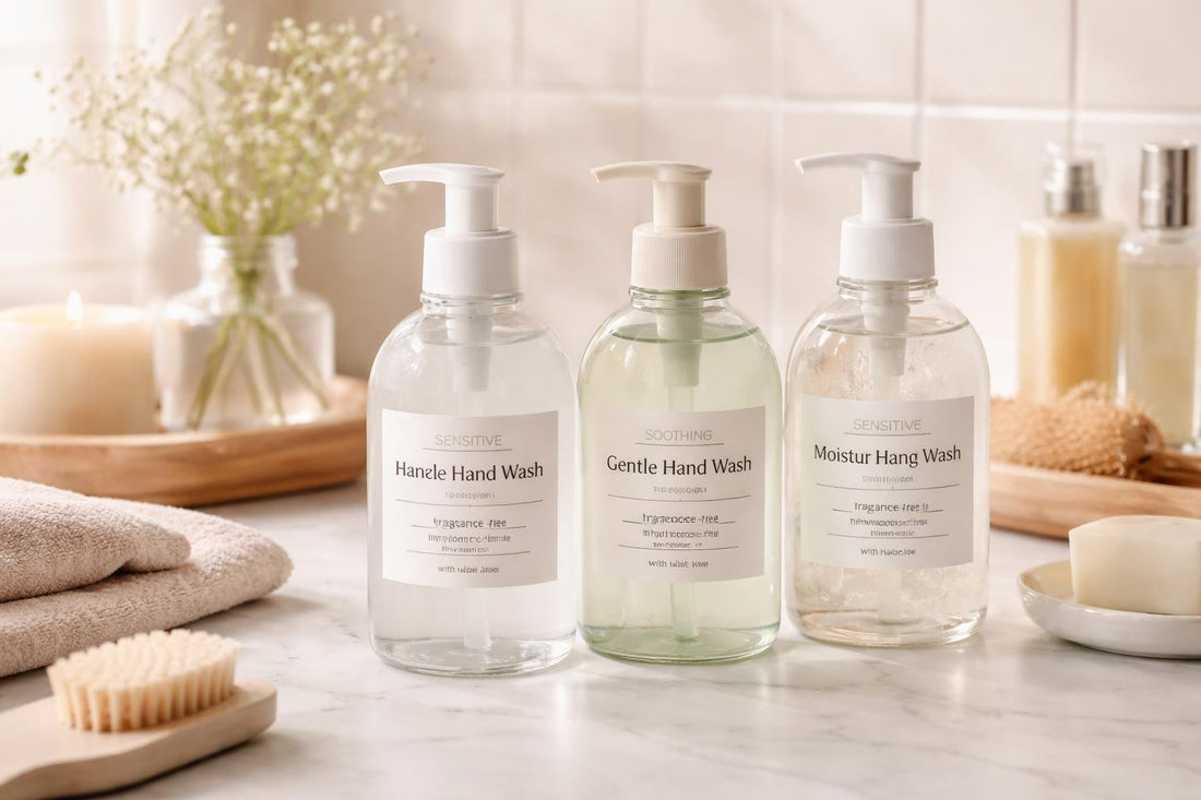 Gentle hand wash collection bottles on bathroom counter