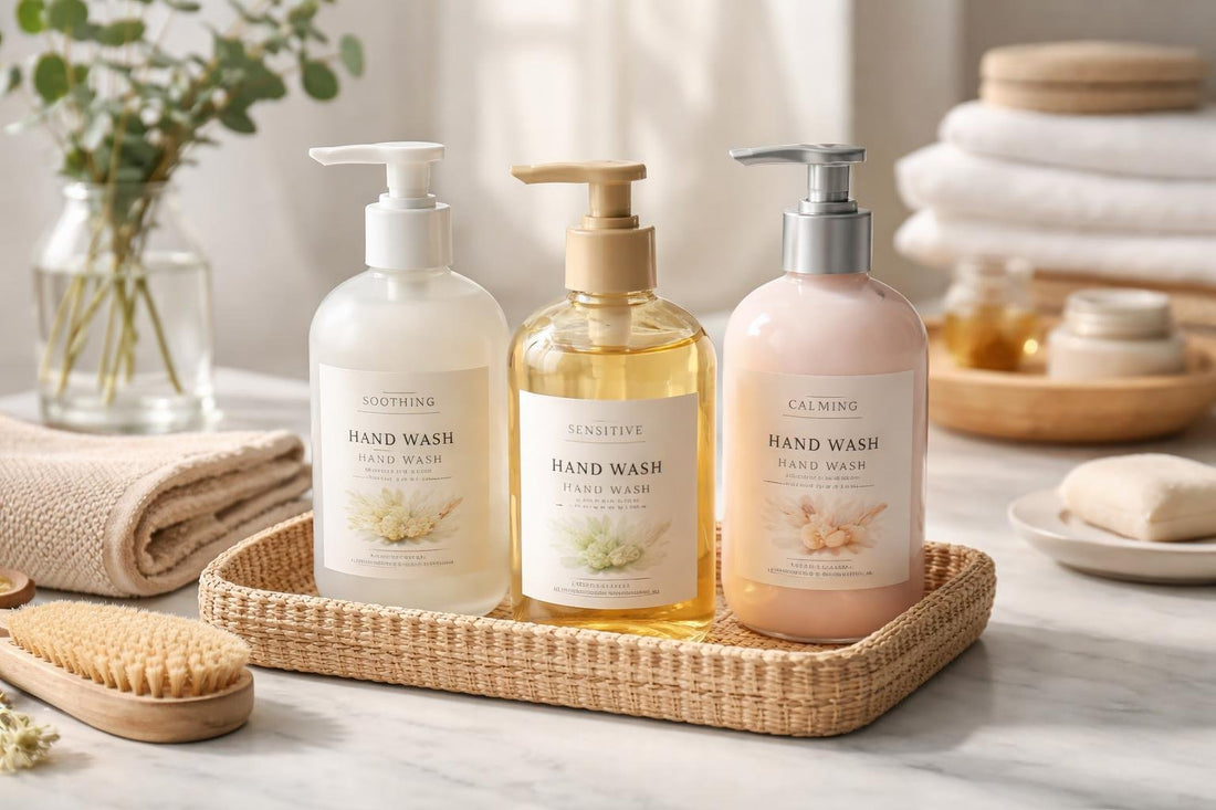 Gentle hand wash collection bottles on counter