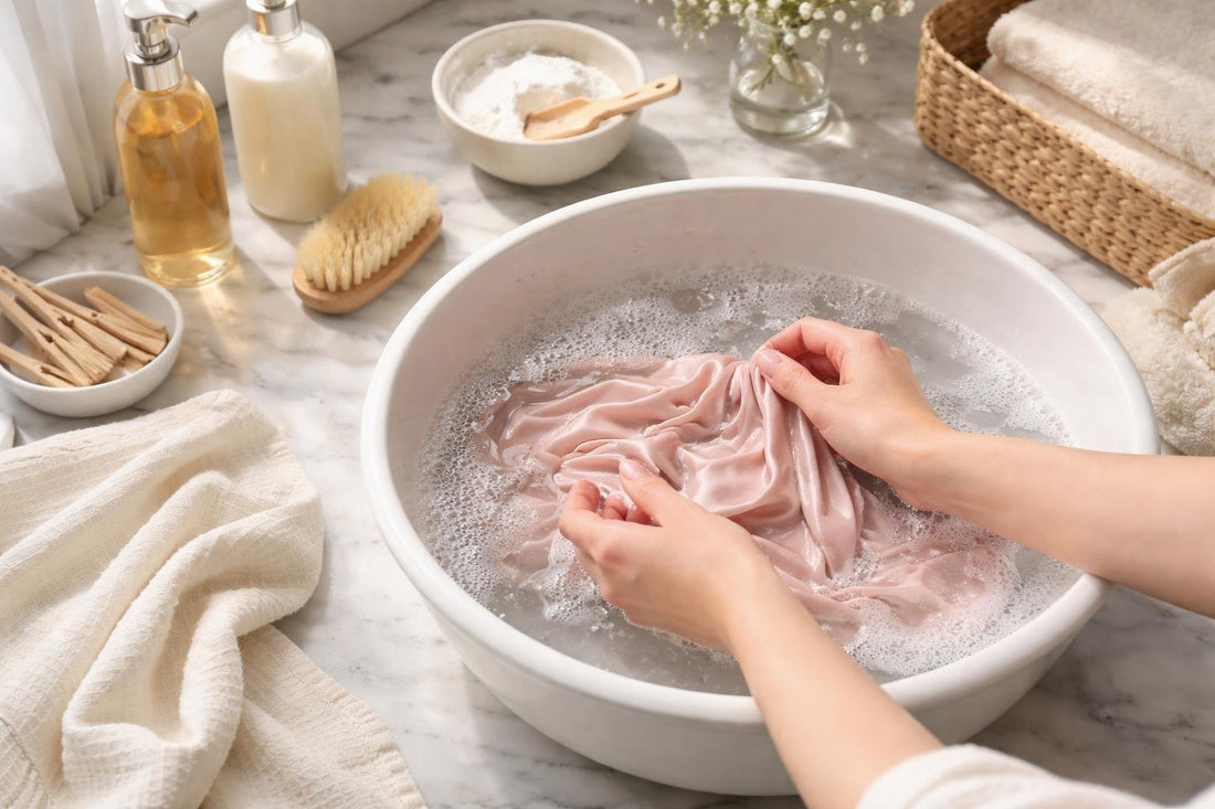 Hand washing delicate clothes in basin with cool water