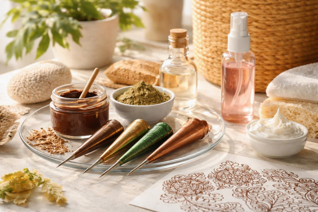 Henna body paint essentials laid out for seasonal designs