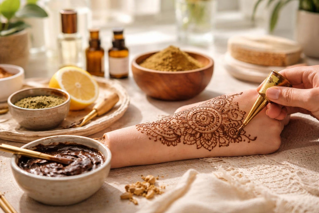 Close-up henna and body paint mix on forearm