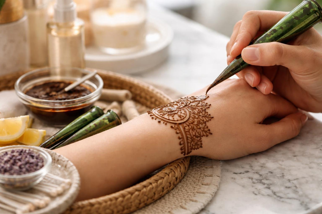 Henna cone applying fine lines on clean skin
