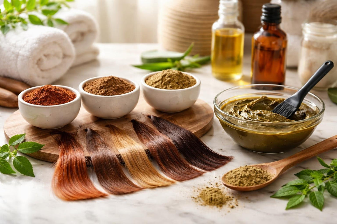 henna hair colour collection swatches and application tools