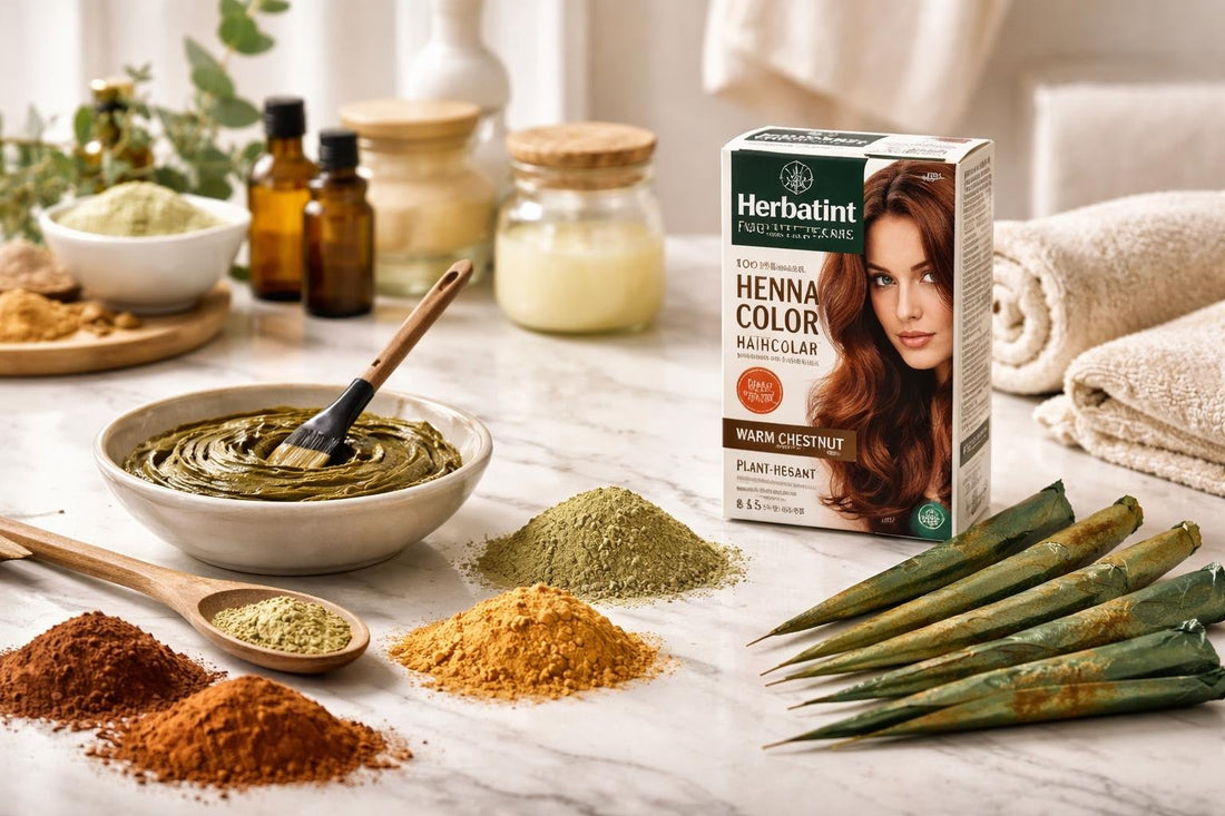 Henna hair colour swatches and application tools on table