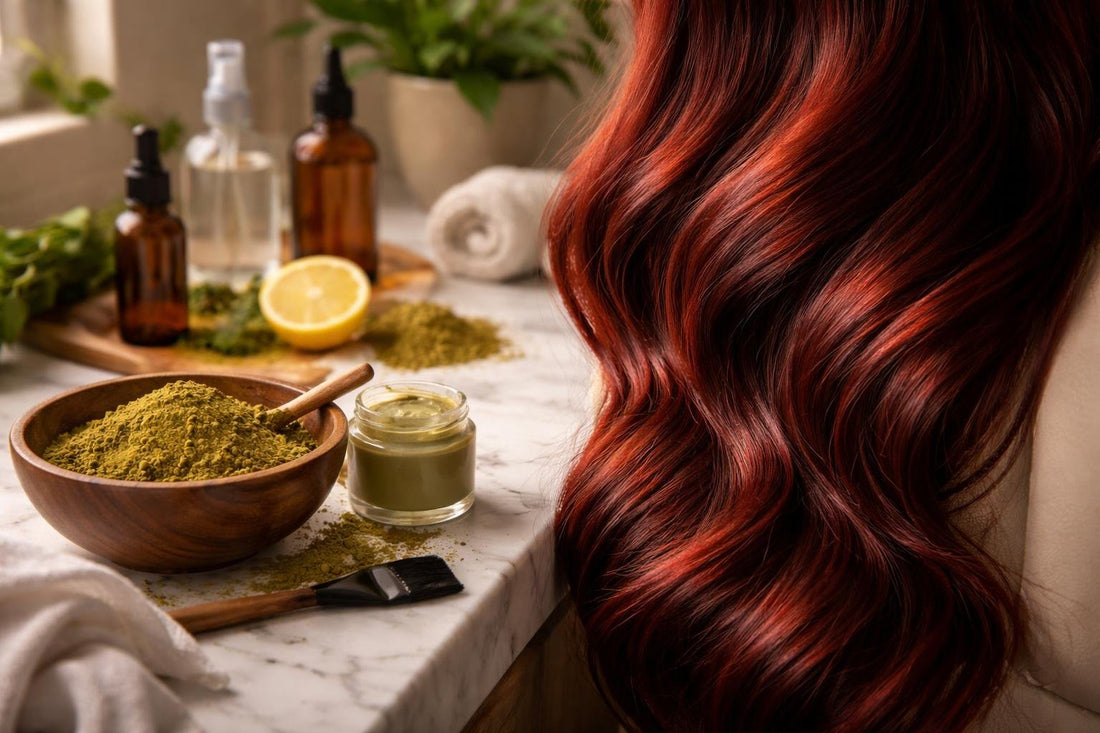 Close-up of vibrant red henna-stained dark hair