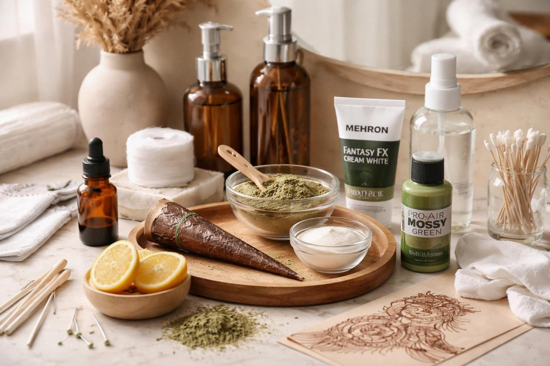 Henna body paint troubleshooting kit on table