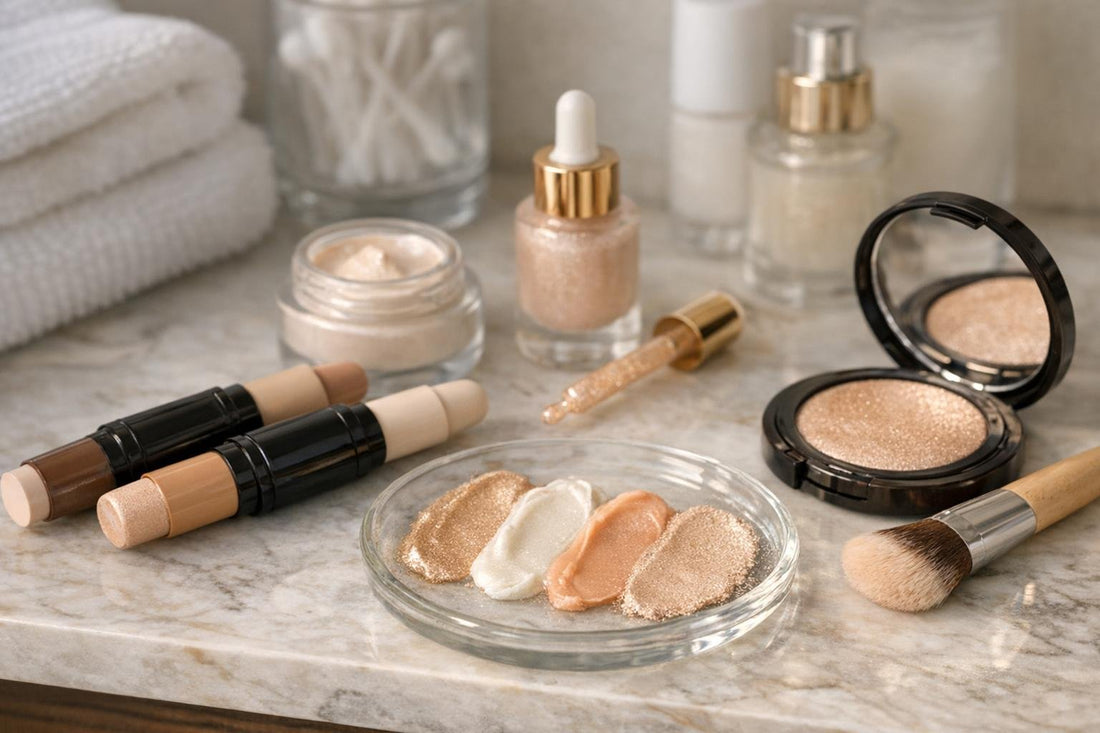 assorted face highlighters and luminizer swatches