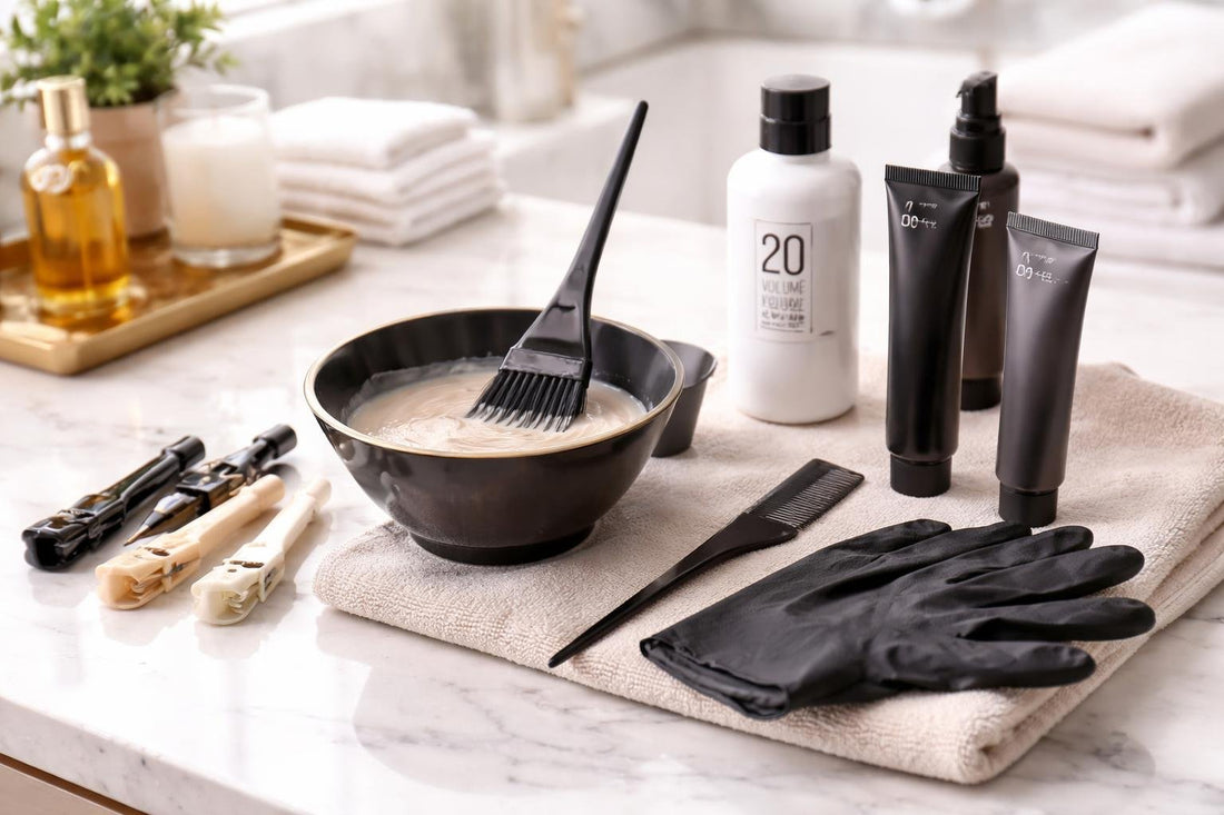 At-home hair colour application with brush and sectioning clips