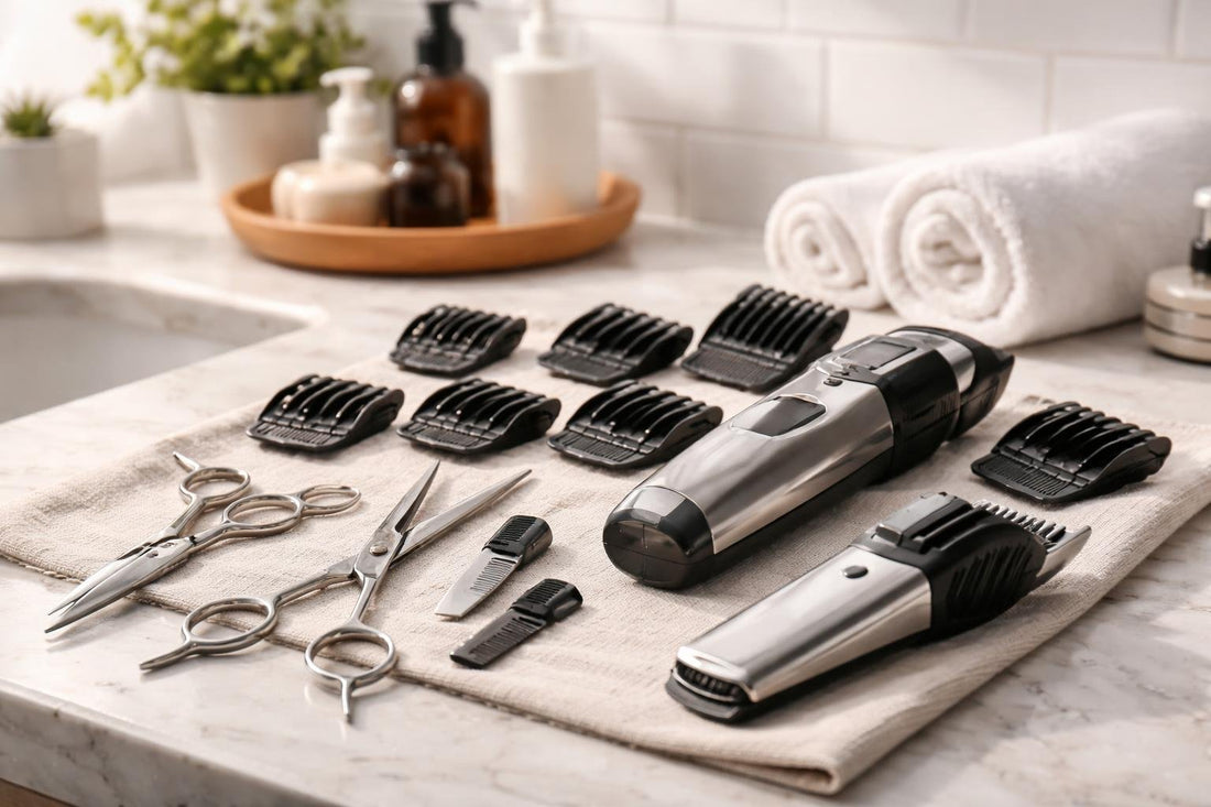 Home haircut using clippers, guards, and professional shears