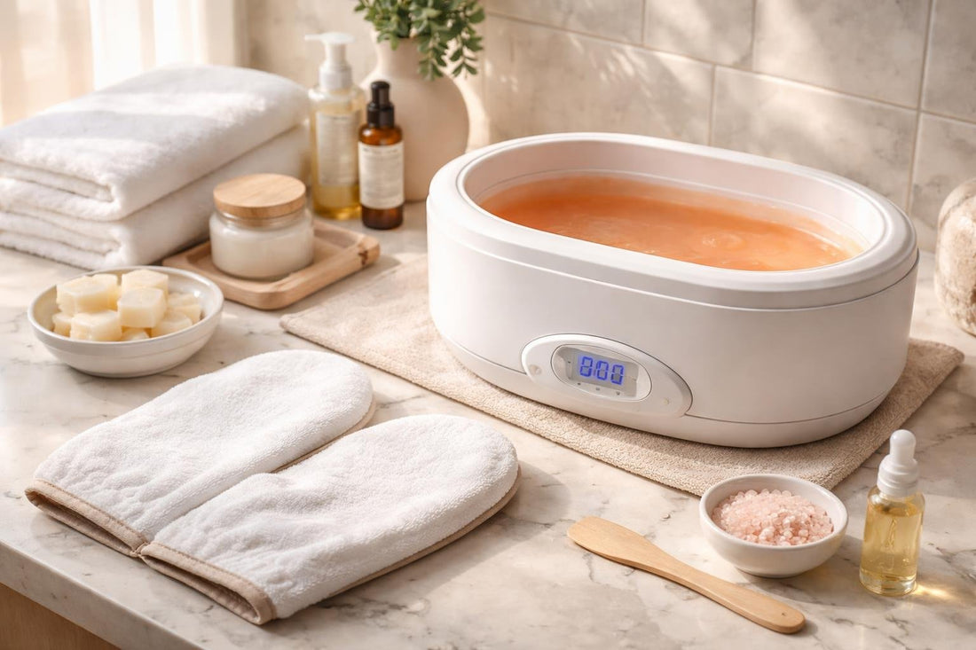 Home paraffin bath setup for hands with mitts