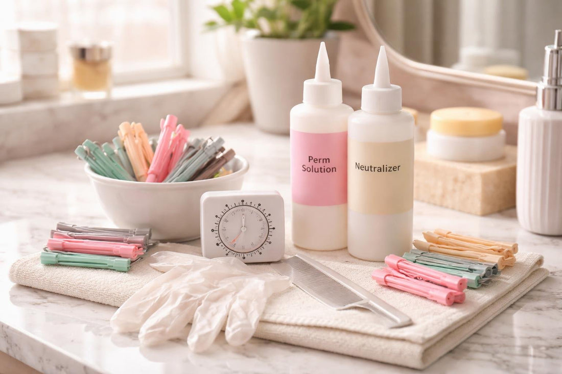 Home perm kit setup with rods, gloves, and timer