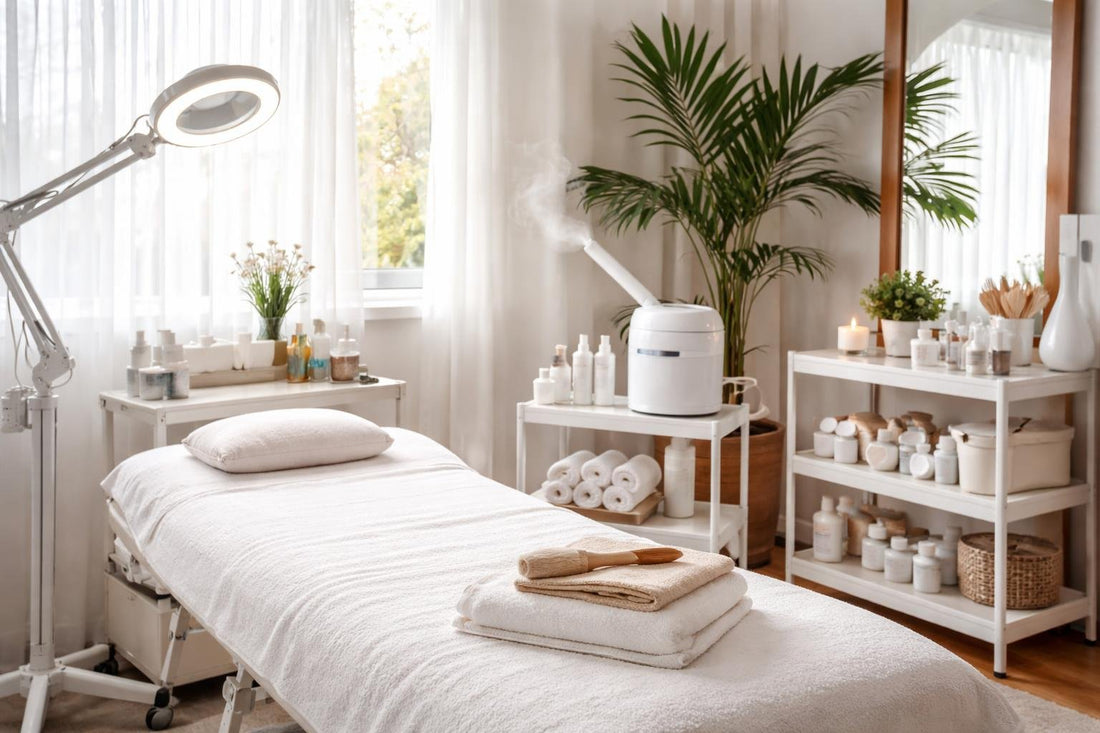 Organized home salon station with spa equipment and lighting
