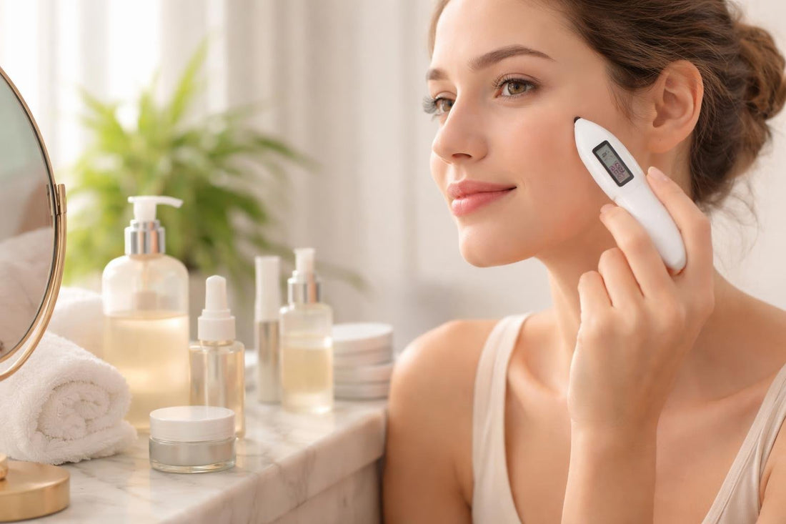Person measuring cheek hydration with a skin moisture analyzer