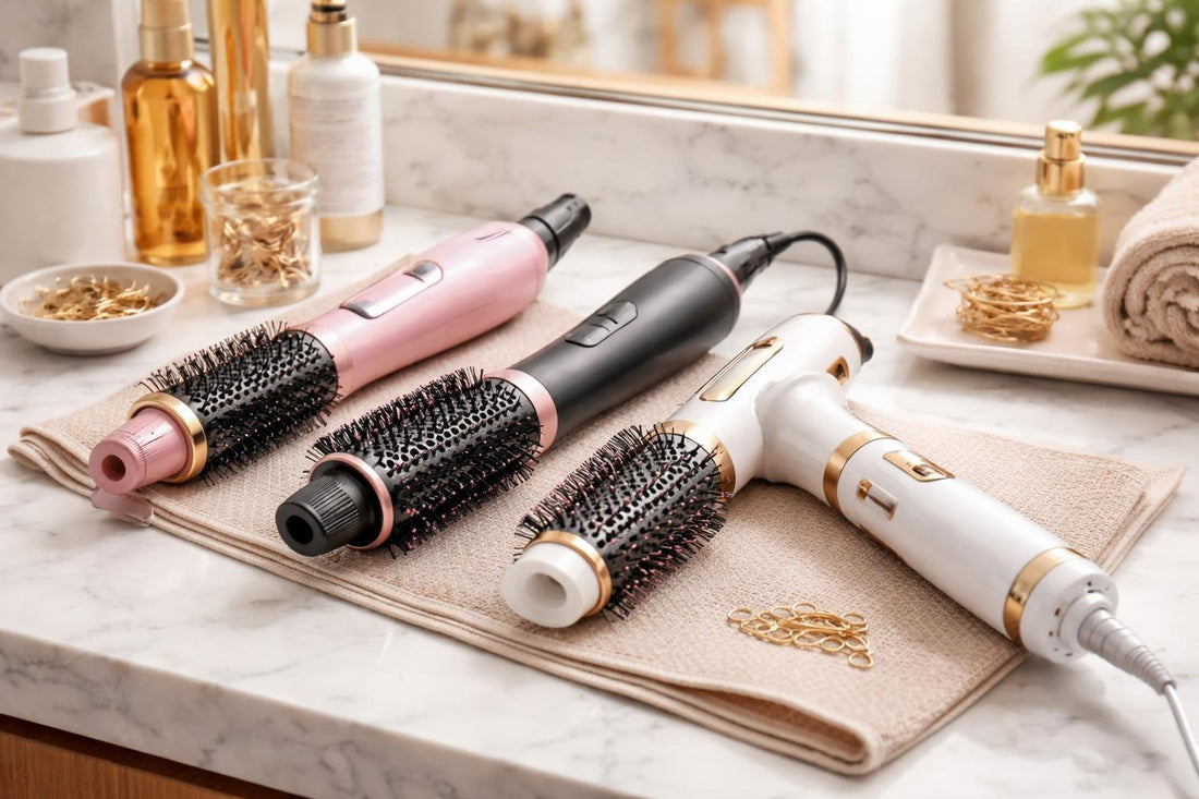 Hot air hair brush lineup showing features and safety