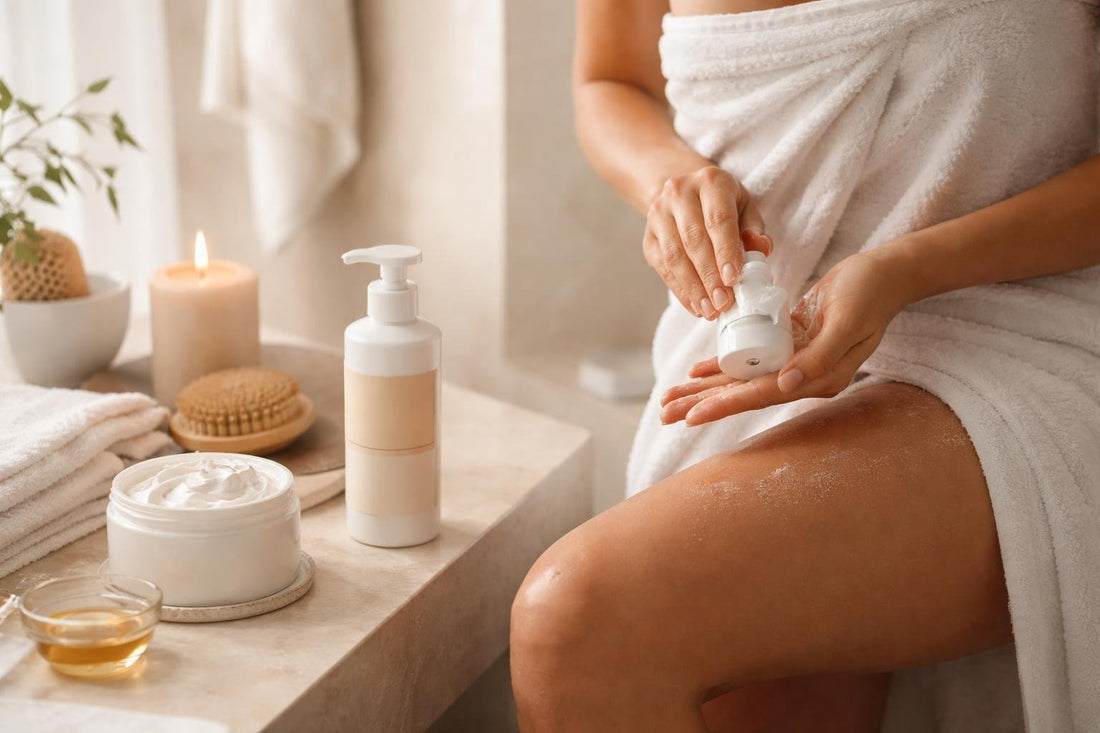 Applying hydrating body mousse to damp skin after shower
