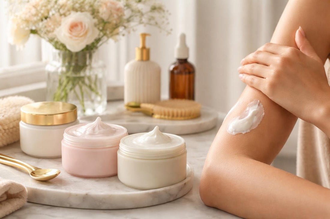 Hydrating body mousse applied to dry skin on arms