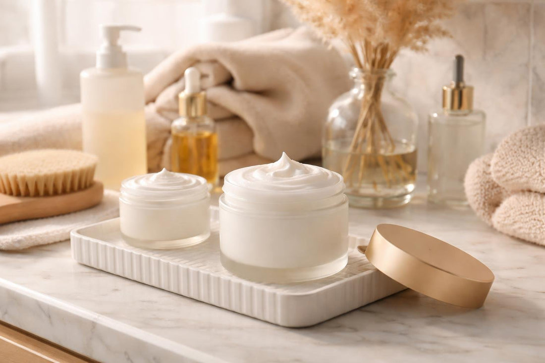 Hydrating body mousse on bathroom counter in winter