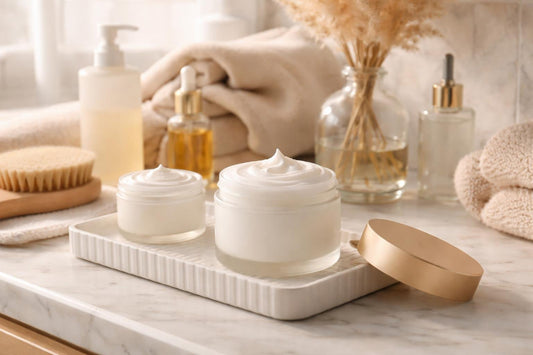 Hydrating body mousse on bathroom counter in winter