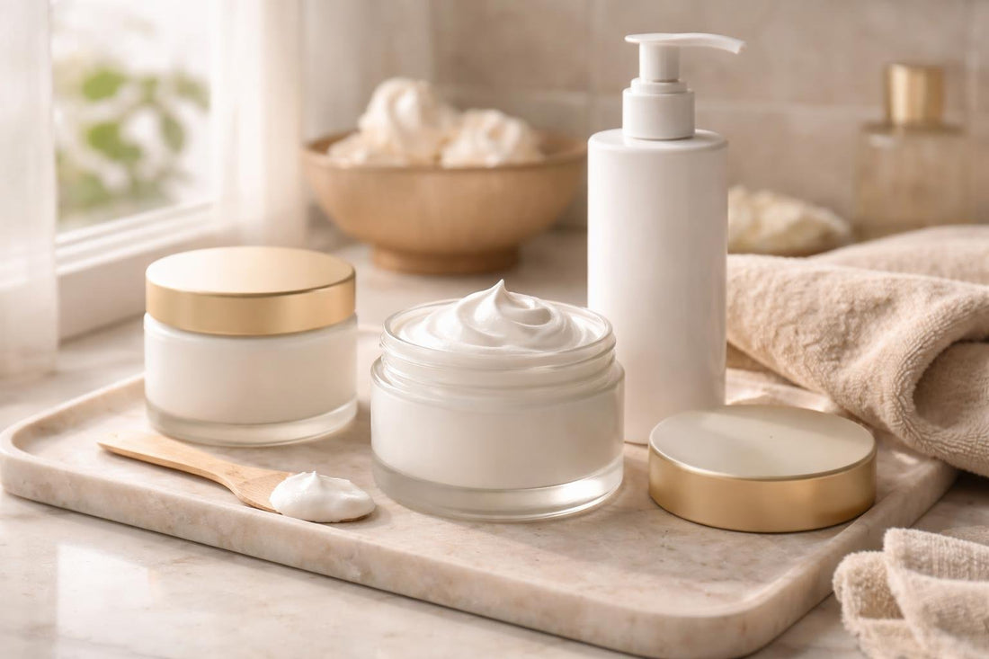 Hydrating body mousse applied to dry winter skin