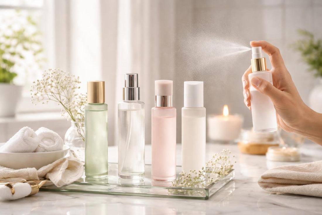 Beginner spraying hydrating face mist for dry skin comfort