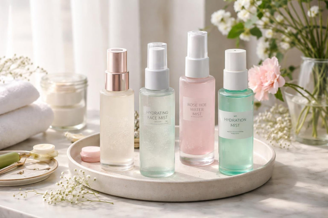 Hydrating face mist being sprayed for dewy skin