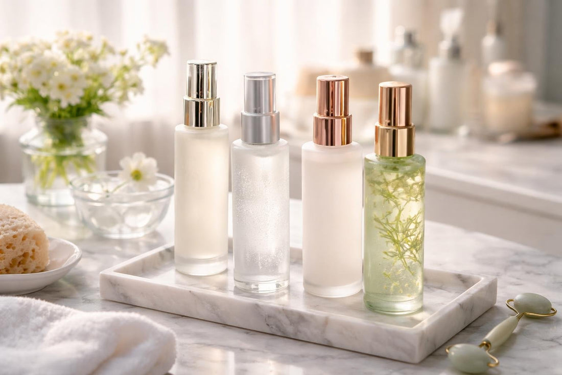 Hydrating face mist spritz on dry, tired seasonal skin