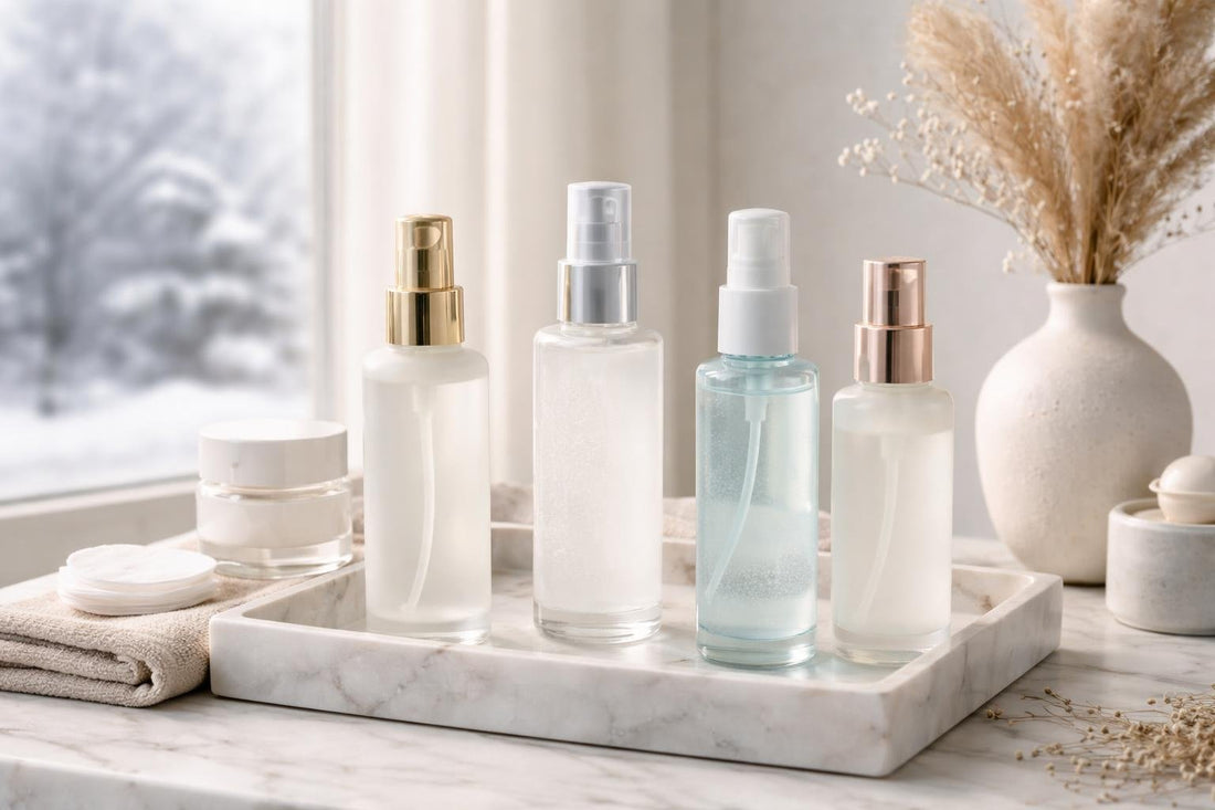 Hydrating face mist bottles on winter table scene