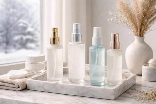 Hydrating face mist bottles on winter table scene