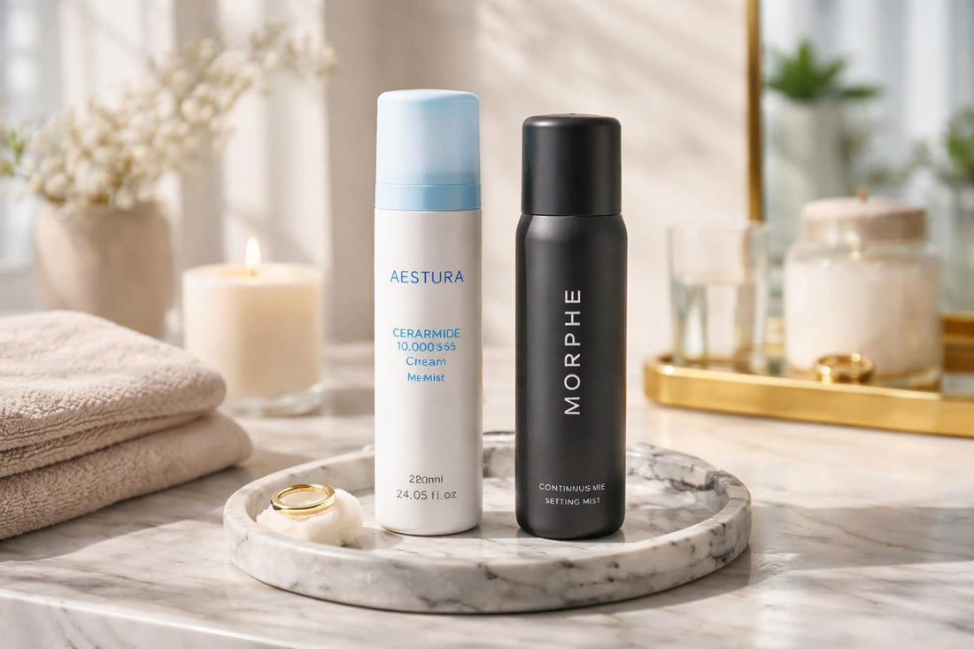 Hydrating face mist bottles on Toronto countertop