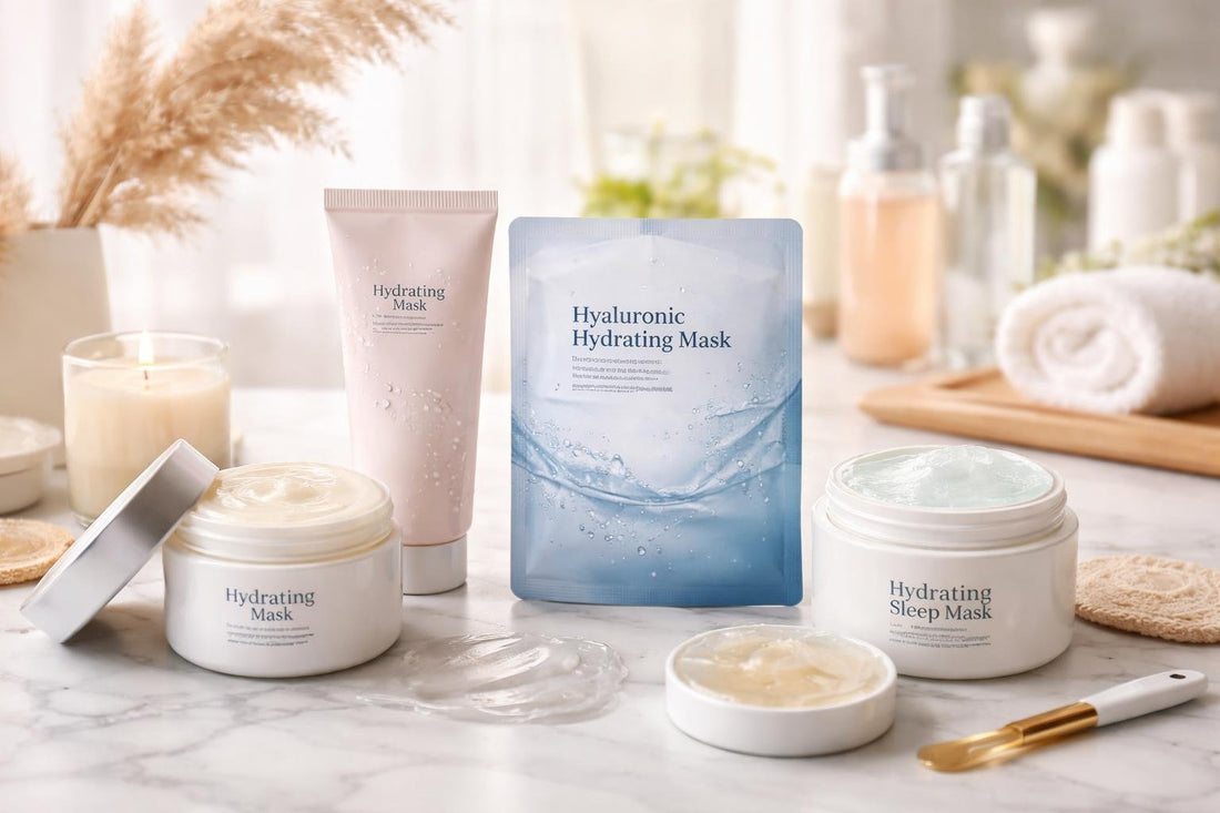 Hydrating facial masks laid out for winter skin