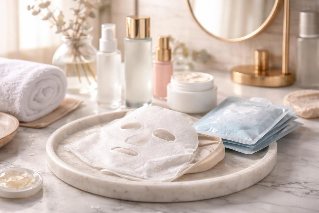 Hydrating sheet mask on a bathroom counter