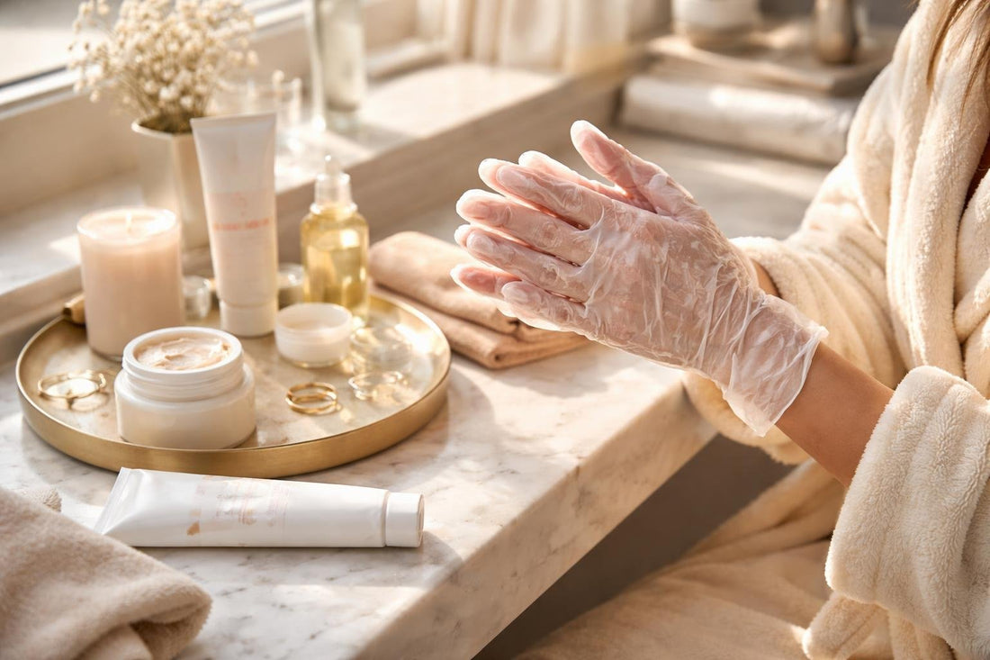 woman wearing hydrating hand mask treatment