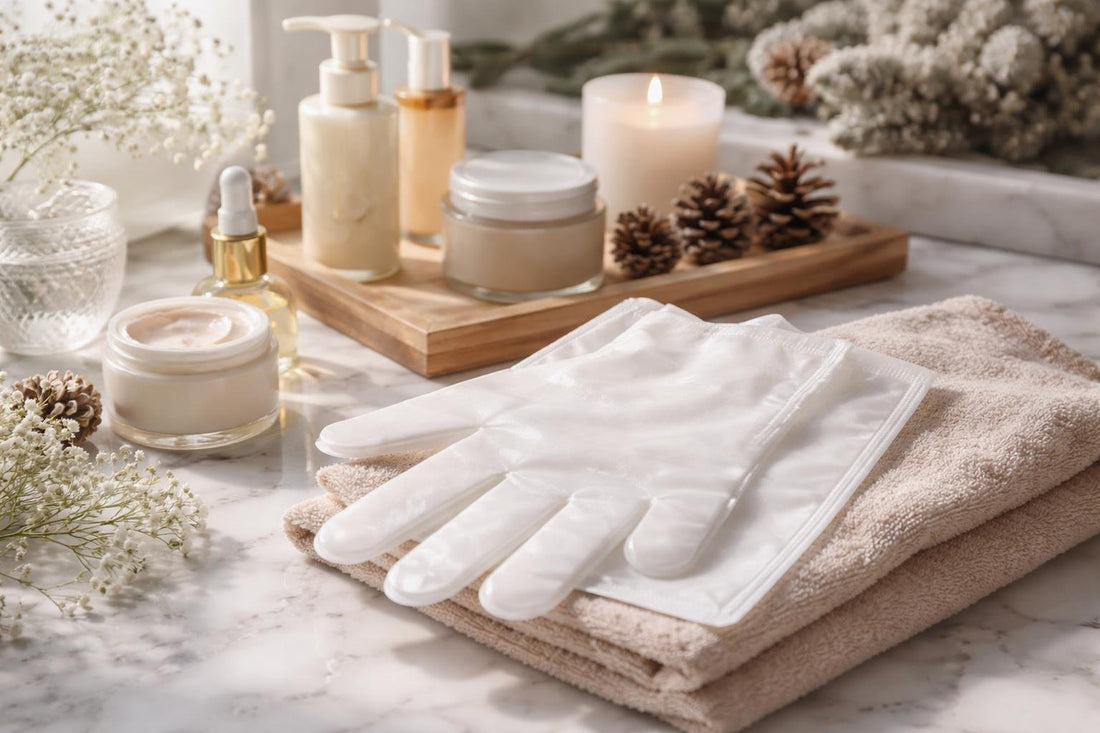 Hydrating hand mask gloves beside winter skincare essentials