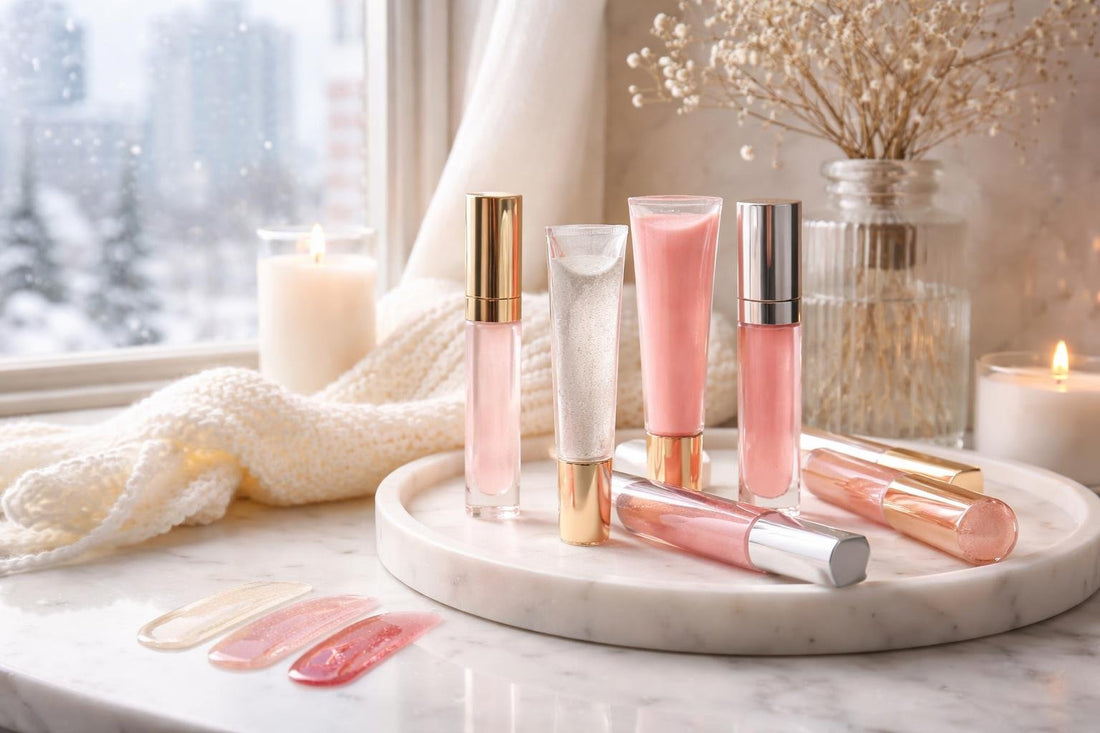 Hydrating lip glosses swatches on winter background Toronto